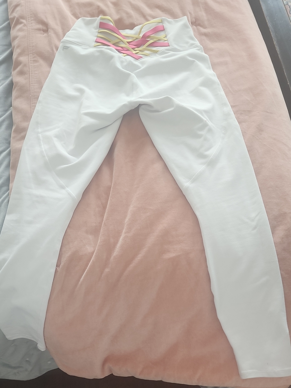 Fabletics White Leggings with Pink and Yellow Strappy Waist